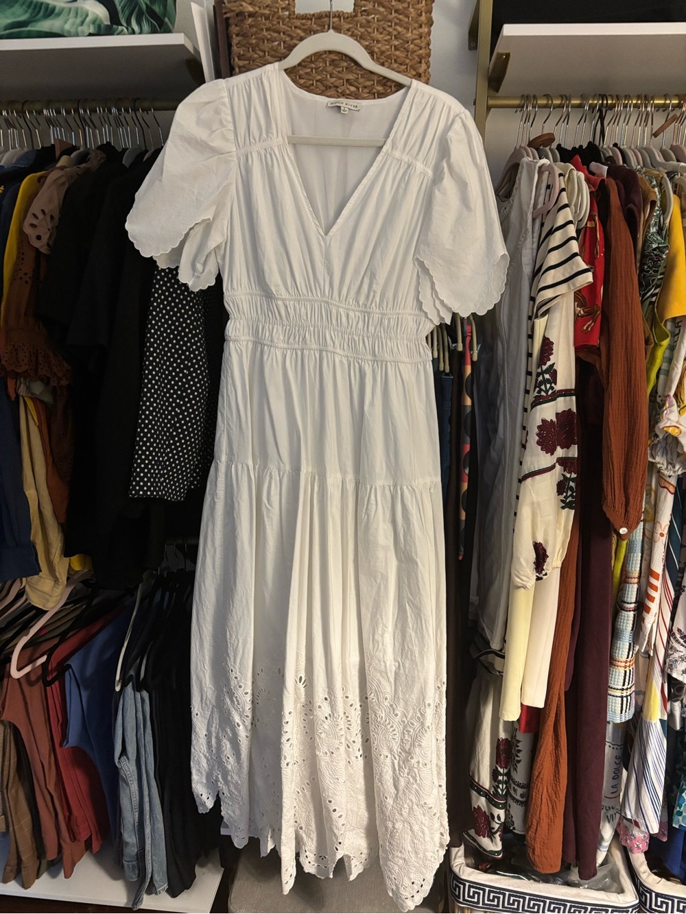 Moon River White Eyelet V-Neck Maxi Dress with Puff Sleeves